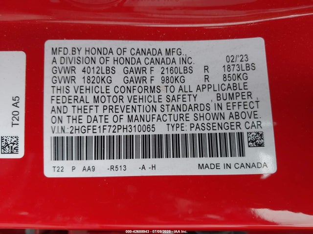 Honda l15b7 2023 2HGFE1F72PH310065 Image 9