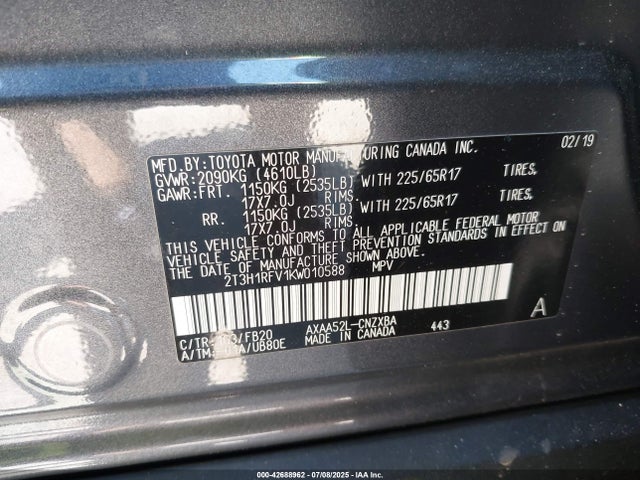 2T3H1RFV1KW010588 Toyota a25a-fks