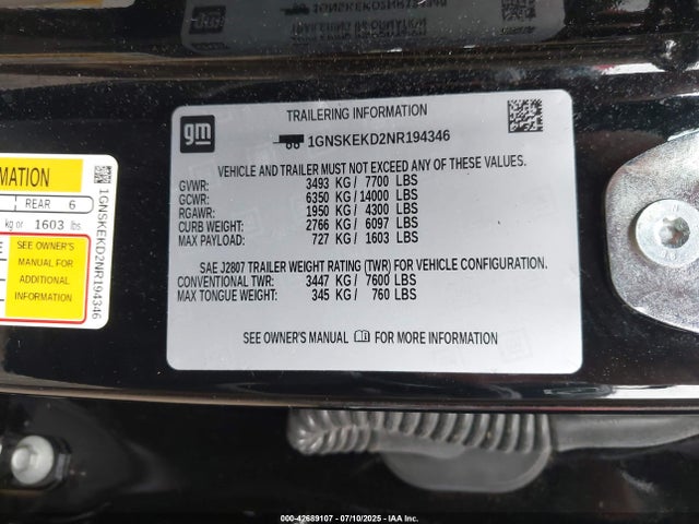 1GNSKEKD2NR194346 Chevrolet l84 - di, dfm, alum, gen 5, var 2