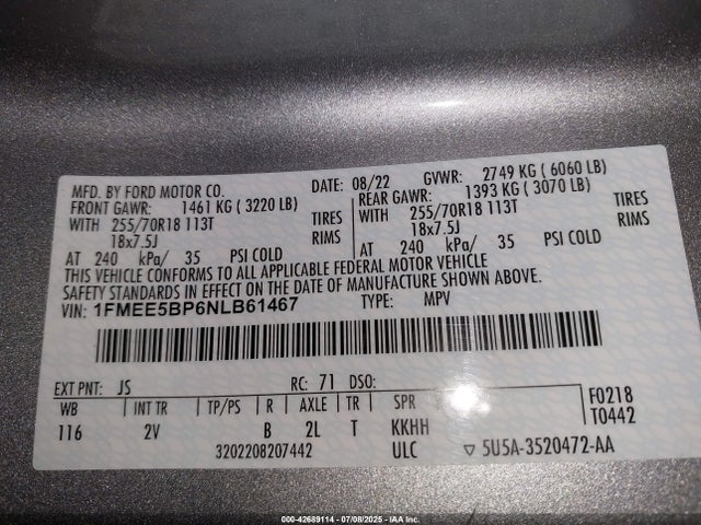 Ford ecoboost 2022 1FMEE5BP6NLB61467 Image 9