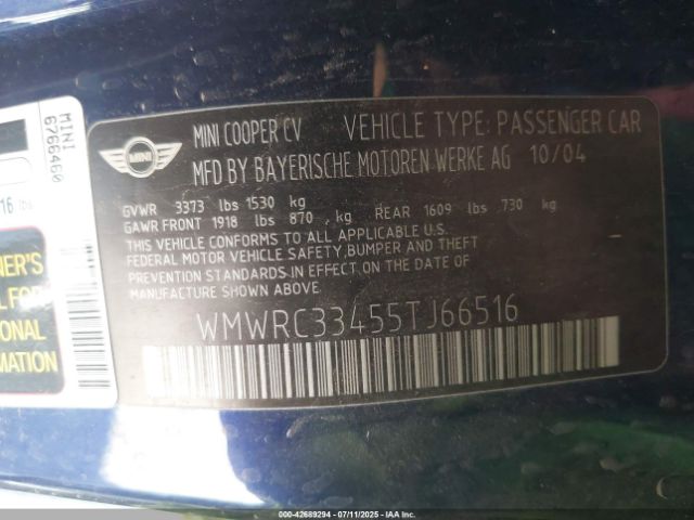 2005 MINI COOPER WMWRC33455TJ66516 Photo 8