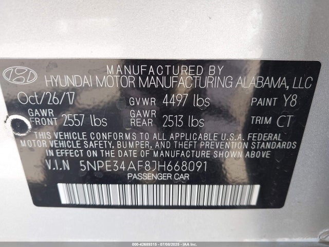 2018 Hyundai Sonata Sport მანქანა იყიდება აუქციონზე, vin: 5NPE34AF8JH668091, აუქციონის ნომერი: 42689315