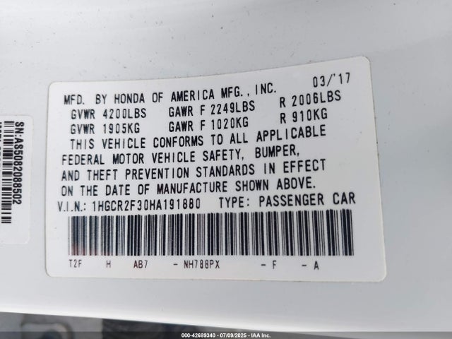 Honda k24w1 2017 1HGCR2F30HA191880 Image 9