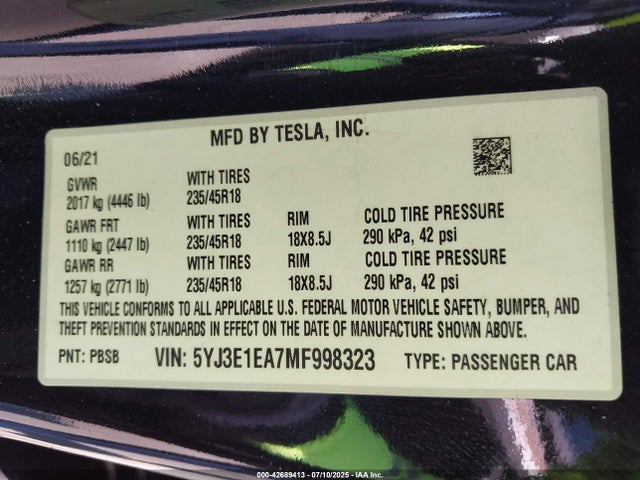 2021 TESLA MODEL 3 5YJ3E1EA7MF998323 Photo 8