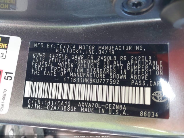4T1B11HK9KU777592 Toyota a25a-fks