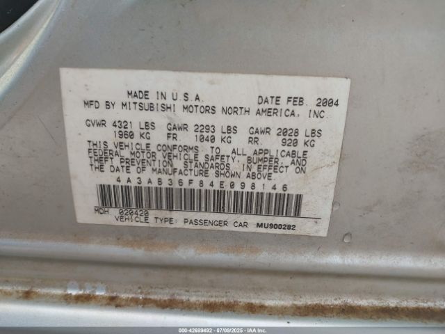2004 MITSUBISHI GALANT 4A3AB36F84E098146 Photo 8