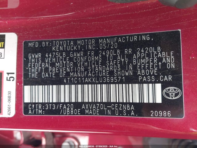 4T1C11AKXLU369571 Toyota a25a-fks