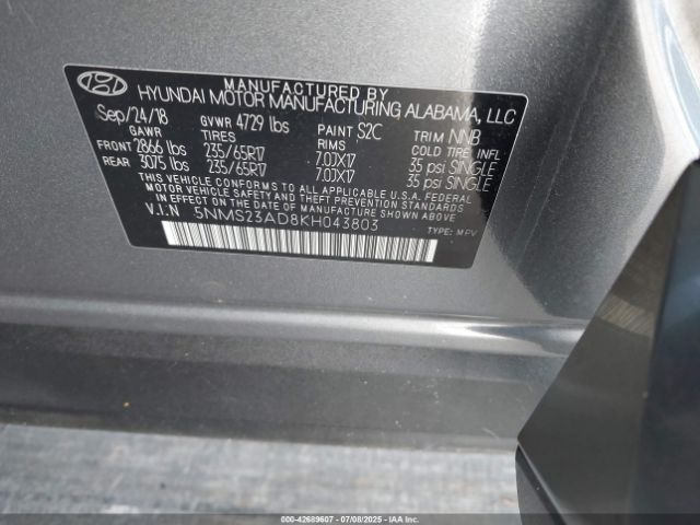 2019 HYUNDAI SANTA FE 5NMS23AD8KH043803 Photo 8