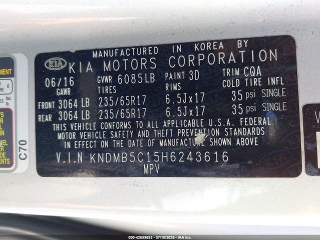 KNDMB5C15H6243616 KIA 2017