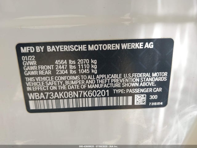 WBA73AK08N7K60201 BMW 2022