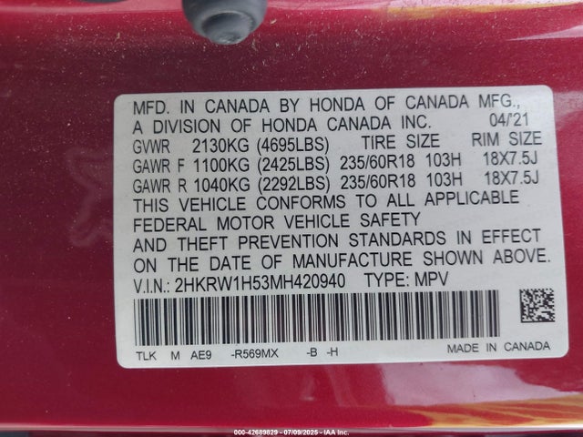 2HKRW1H53MH420940 Honda l15be