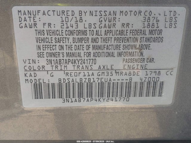 3N1AB7AP4KY241770 Nissan 2019