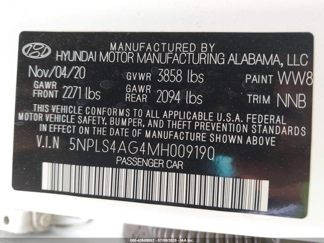 5NPLS4AG4MH009190 Hyundai mpi nu pe