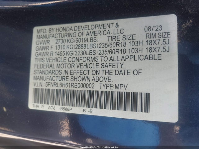 Honda j35y7 2024 5FNRL6H61RB000002 Image 9