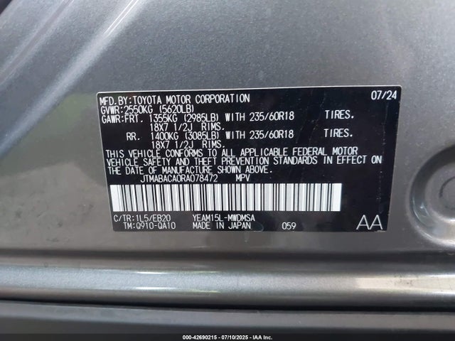 JTMABACA0RA078472 Toyota 1ym motor