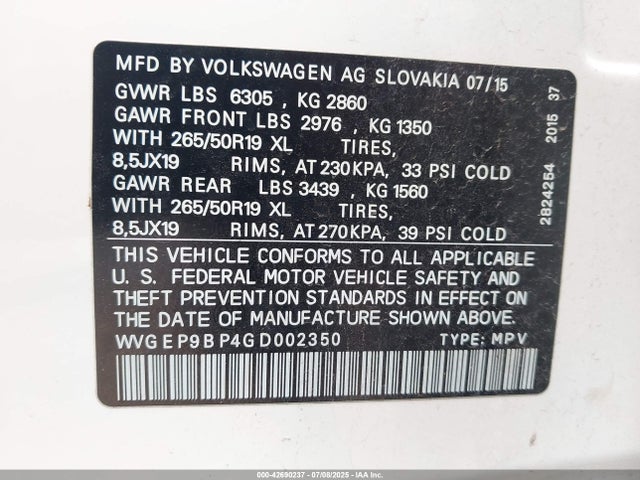 WVGEP9BP4GD002350 Volkswagen 2016