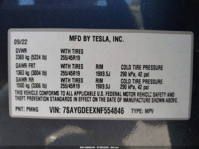 7SAYGDEEXNF554846 Tesla 2022