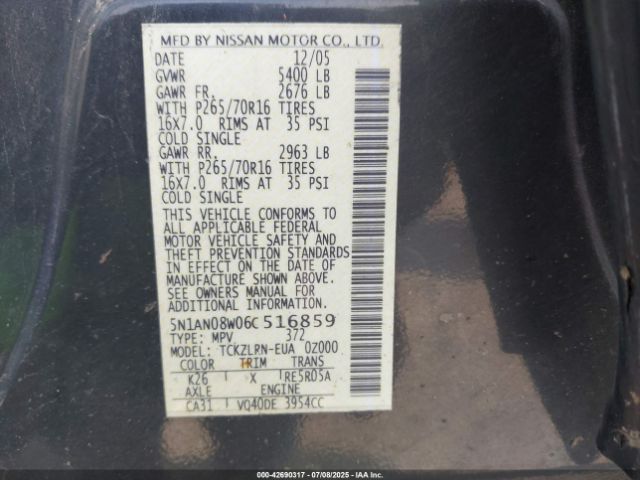 2006 NISSAN XTERRA 5N1AN08W06C516859 Photo 8