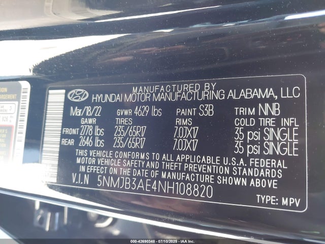 5NMJB3AE4NH108820 Hyundai gdi theta iii