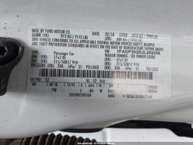 1FADP3H20JL269206 Ford 2.0l gdi