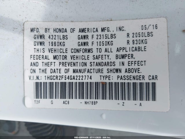 1HGCR2F54GA222774 Honda k24w1