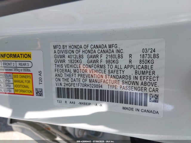 Honda l15b7 2024 2HGFE1F70RH329894 Image 9