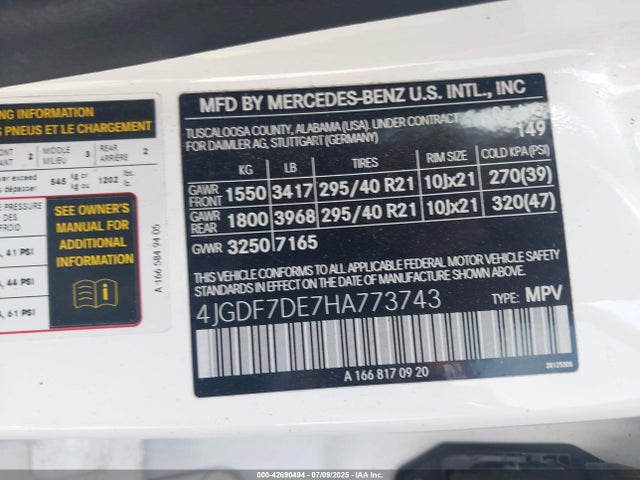 4JGDF7DE7HA773743 Mercedes-Benz m278