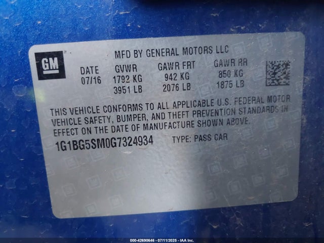 1G1BG5SM0G7324934 Chevrolet le2 - di: direct injection, alum, vvt, gen i, gmna