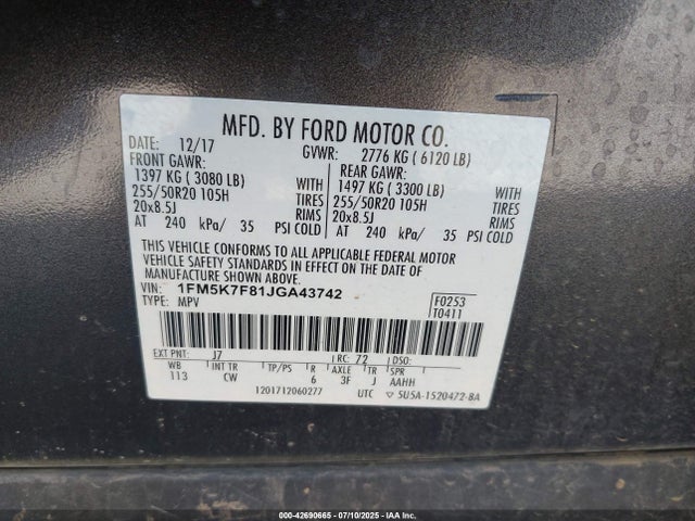 1FM5K7F81JGA43742 Ford 3.5l ti-vct