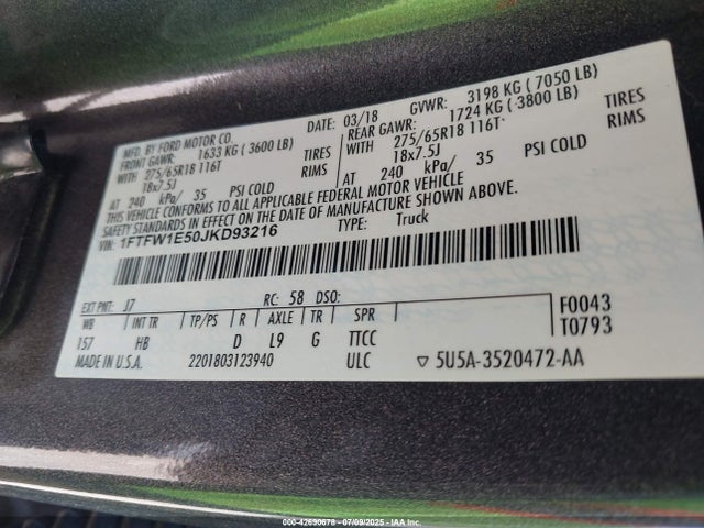 Ford 5.0l 4v 2018 1FTFW1E50JKD93216 Image 9