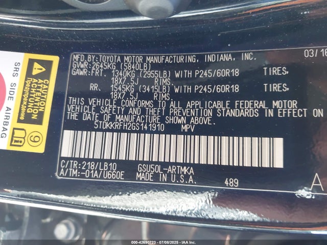 5TDKKRFH2GS141910 Toyota 2gr-fe