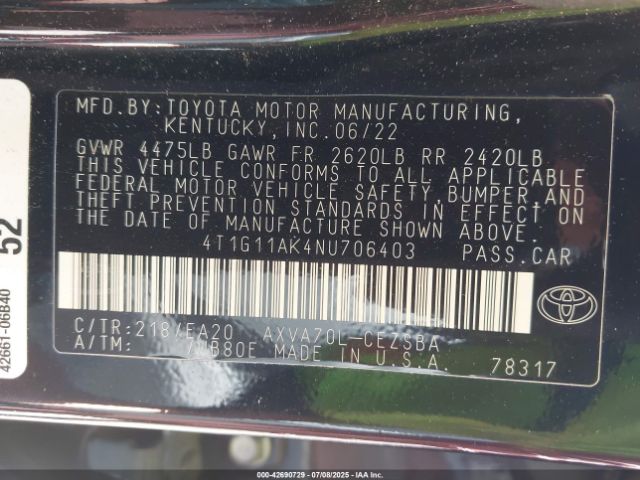2022 TOYOTA CAMRY 4T1G11AK4NU706403 Photo 8