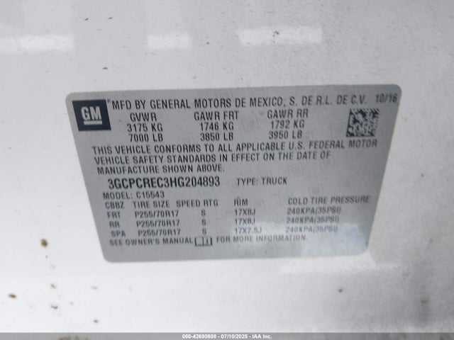 3GCPCREC3HG204893 Chevrolet l83 - sidi: spark ignited direct injection, vvt: variable valve timing, afm, e85 max, alum