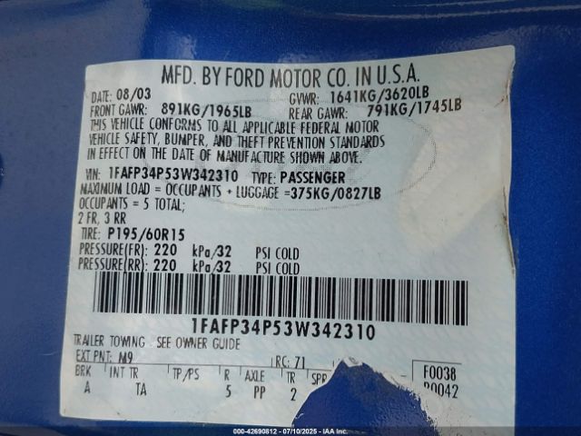 2003 FORD FOCUS 1FAFP34P53W342310 Photo 8