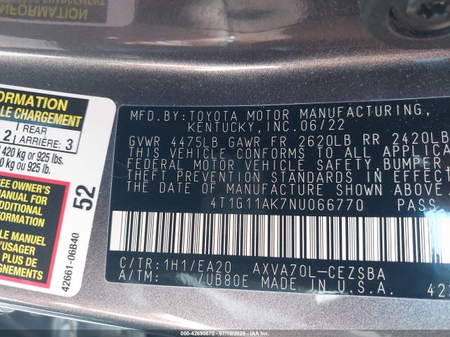 4T1G11AK7NU066770 Toyota a25a-fks