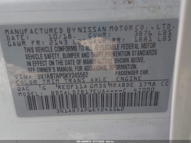 3N1AB7AP6KY245562 Nissan 2019
