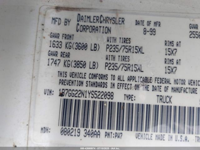 2000 DODGE DAKOTA 1B7GG22N1YS522098 Photo 8