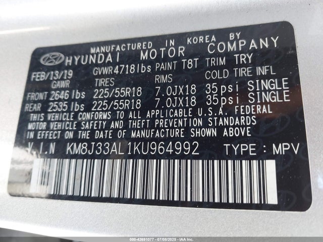 KM8J33AL1KU964992 Hyundai gdi theta ii