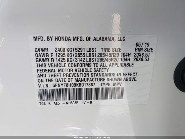 5FNYF8H09KB017887 Honda j35y6
