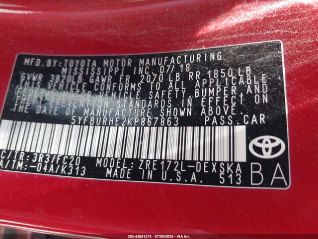 Toyota 2zr-fe 2019 5YFBURHE2KP867863 Image 9