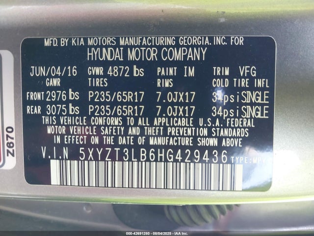 5XYZT3LB6HG429436 Hyundai gdi theta ii