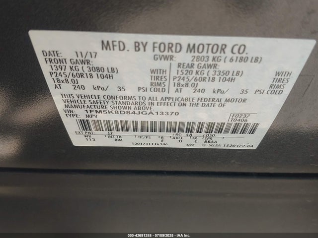 1FM5K8D84JGA13370 Ford 3.5l ti-vct