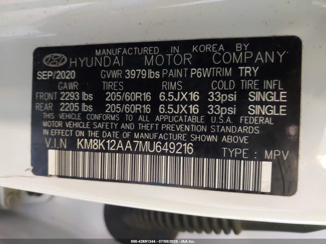 KM8K12AA7MU649216 Hyundai mpi nu