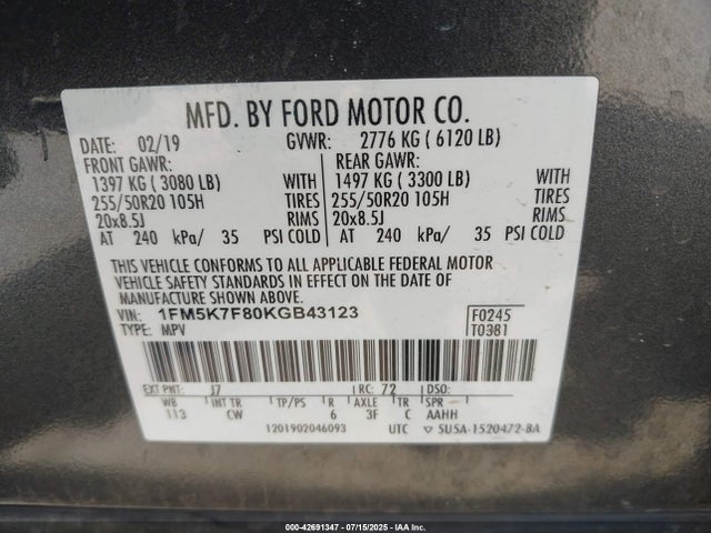 1FM5K7F80KGB43123 Ford 3.5l ti-vct