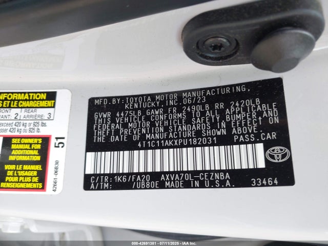 4T1C11AKXPU182031 Toyota a25a-fks