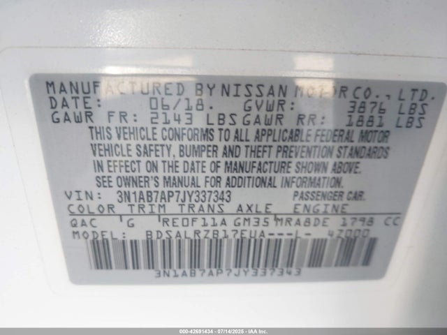 3N1AB7AP7JY337343 Nissan Sentra