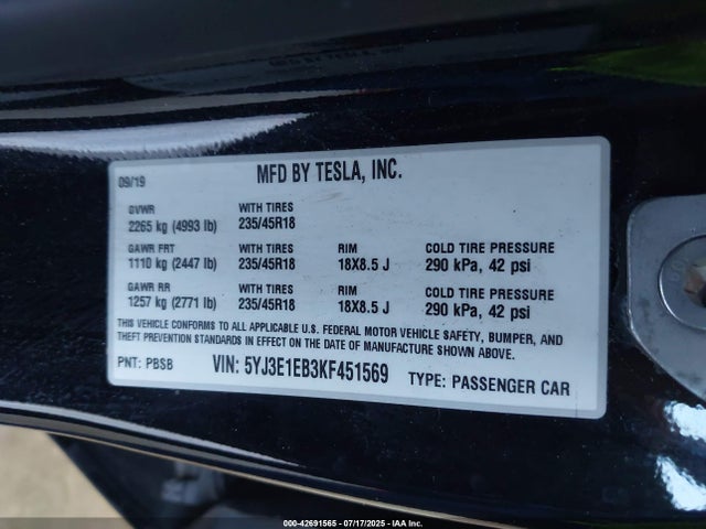 2019 TESLA MODEL 3 5YJ3E1EB3KF451569 Photo 8