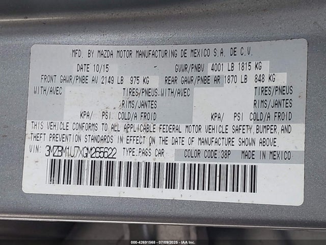 3MZBM1U7XGM265622 Mazda pe
