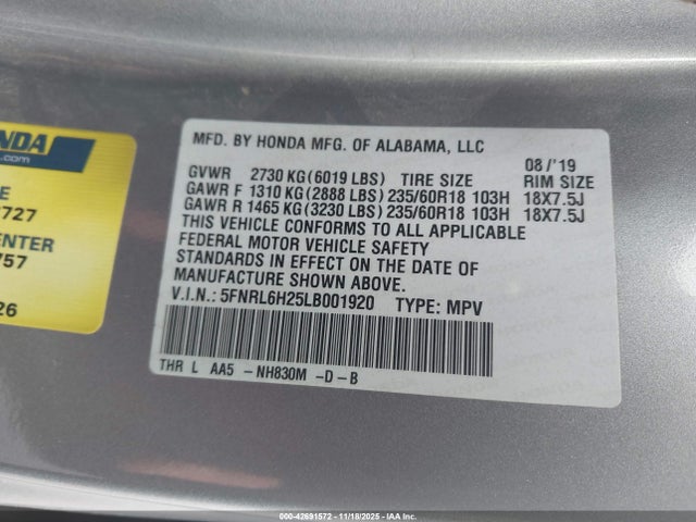 5FNRL6H25LB001920 Honda j35y7