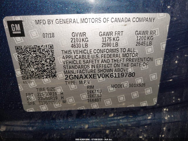 42691596 :رقم المزاد ، 2GNAXXEV0K6119780 vin ، 2019 Chevrolet Equinox Premier مزاد بيع